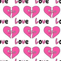 Seamless Pattern with hearts and text love in emo style. Y2k. Black and pink. Broken heart with pin. Vector flat illustration.