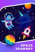 Cartoon alien and rocket spaceship in galaxy space vector