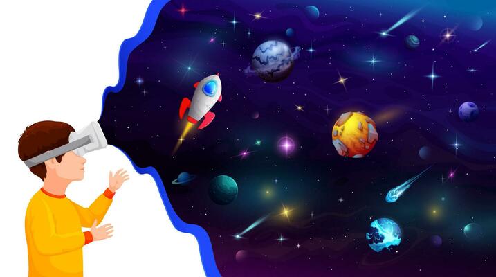 Boy kid in VR helmet dream of galaxy space flight