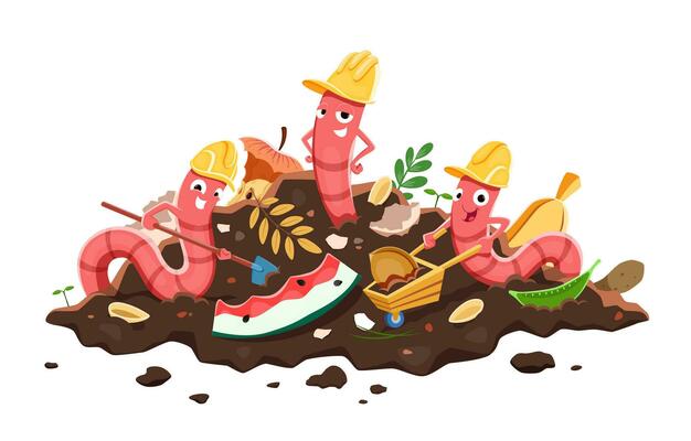 Cartoon earth worm builder characters in compost