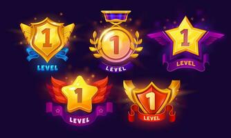 Game level up badges, award icons, reward points vector