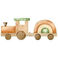 Watercolor illustration eco baby toy. Nursery decor, wood train. vector