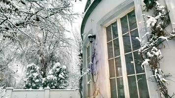 de huis na een sneeuwval gedurende de winter maanden. Daar is een dik laag van sneeuw aan het bedekken de bomen. na een licht sneeuwval, natuur omringt de huis in allemaal haar heerlijkheid. video