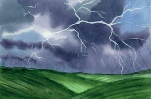 Watercolor field landscape. Dark sky with clouds and lightning. Thunderstorm. Horizontal hand drawn illustration. vector