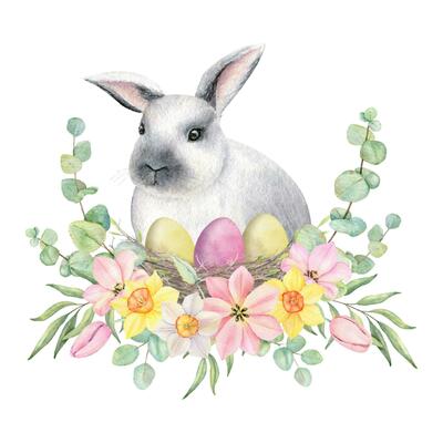 Easter bunny with Floral bouquet, colorful eggs in nest. Watercolor pink tulip, yellow and white daffodles bouquet. Hand drawn spring illustration. Decorative design elements.