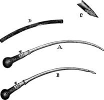 A. A drainage trocar, the tip in the handle. B. The same weapon to puncture. C. Edge notched to receive the wire. D. Tube drainage, vintage engraving. vector