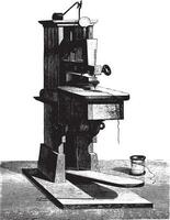 The first sewing machine invented by Thimonnier given at the Conservatory of Arts and Crafts by the Chamber of Commerce Tarare, vintage engraving. vector