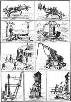 guerra máquinas en el decimocuarto y decimoquinto siglos, Clásico grabado. vector