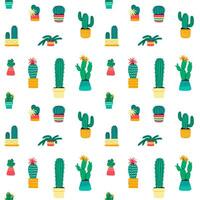 Vector seamless pattern with different cactus in pots on a white background.