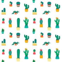 Vector seamless pattern with different cactus in pots on a white background.