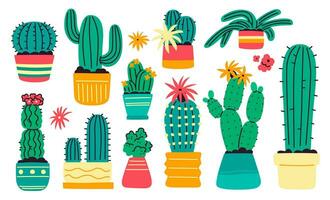 A set of various cacti in flower pots on a white background. vector