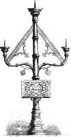 Candelabra with three branches in the church of Saint-Vaast at Gaurian, Belgium, vintage engraving. vector