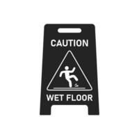 Black wet floor caution sign isolated on white background, Public warning symbol clipart. Slippery surface beware plastic board design element. Falling human pictogram. Vector illustartion.