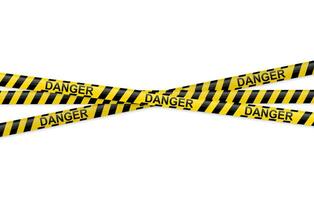 Yellow and black warning tapes with text danger isolated on white background. Police insulation line, signs of warning, do not cross, caution. Barricade construction tape. Vector illustration.