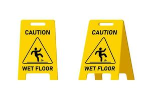 Wet floor caution sign isolated on white background, Public warning yellow symbol clipart. Slippery surface beware plastic board design element. Falling human pictogram. Vector illustartion.