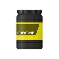 Creatine bottle isolated on white background. Sports nutrition icon container package, fitness supplements. Bodybuilding sport food. Jar with supplements for muscle growth. Gym vector illustartion.