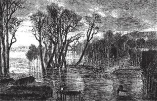 Flood barrier of Saint-Cloud during the winter of 1872-1873. - Drawing Sellier, vintage engraving. vector