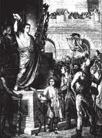 Augustus presented to the members of the three provinces of Gaul Celtic, meeting in Lyon, vintage engraving. vector