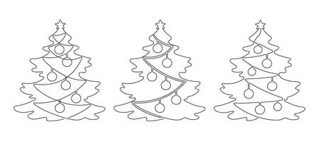Christmas fir tree with decoration ball and garland set, continuous one line drawing. Spruce for holidays Christmas and new year in outline minimalist style. Vector illustration
