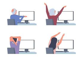 Set of people sits at table computer stretching, doing exercise back view. Elderly senior, man, woman practicing workout at workplace in break. Removing tension muscle for rest, relaxation. Vector