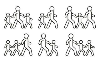 Pedestrian adult person and children walk, escort hold hand, line icon set. Safely cross road and walk symbol. Vector outline illustration