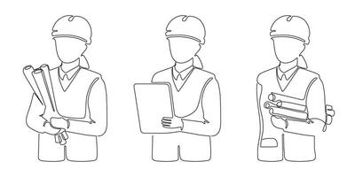 Woman architect builder holding blueprint paper in arm set, single continuous line drawing. Professional worker in helmet. Plan of building construction on paper. Minimalism one line draw. Vector