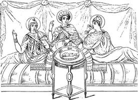 Meals in the third century after the Virgil of the Vatican, vintage engraving. vector