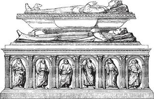 Left side of the tomb, carrying the effigies of Valentine of Milan and his son Philippe d'Orleans, vintage engraving. vector