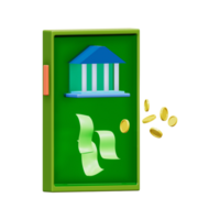 3d representación de móvil teléfono con banco, efectivo y oro monedas png