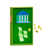 3D rendering of mobile phone with bank, cash and gold coins png