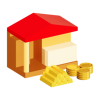 3D rendering of house with gold bar and coin stack png