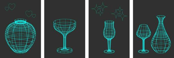 Set of flutes, glasses and vases made of wire frame pieces. Linear elements of retro design. 3D. Y2k . Vector illustration for social media or posters. Vector illustration