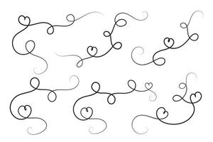 hand-drawn thin line heart swirl ornate, wavy line decorative hearts, calligraphy heart swirl Flourish ornament, outline doodle love Valentine Day design elements, continuous line swirl hearts vector