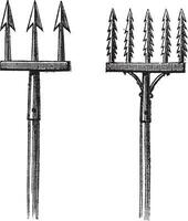 Fig. 88. Spears. Fig. 89. Fisheries without the fisherman, vintage engraving. vector