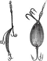 Fishing Lures, Fig. 86. Plug, Fig. 87. Spoon, vintage engraving. vector