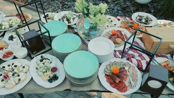 une buffet table avec collations à une affaires un événement dans le Frais air. restauration sert le banquet, magnifique et soigné collations sont sur le assiettes. video