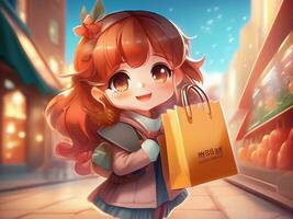 AI generated chibi character cute female character holding shopping bags happily photo