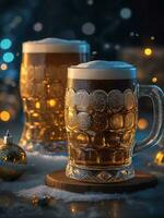 ai generado cerveza tazas decorado con un festivo nuevo año tema vibraciones foto