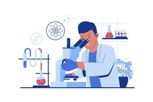 Male Scientist looking through a microscope in a laboratory. Vector flat illustration
