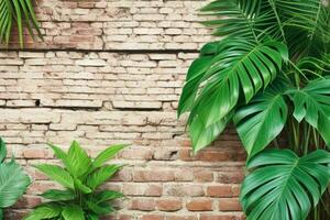 AI generated Empty wall background with tropical leaves photo