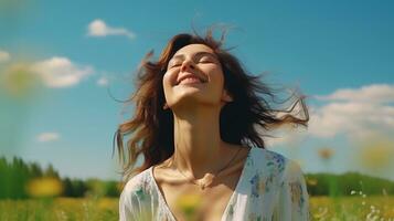 AI generated Calm Happy Smiling Woman with Closed Eyes on the Fields. Free, Peace, Beautiful Moment Concept photo