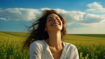 AI generated Calm Happy Smiling Woman with Closed Eyes on the Fields. Free, Peace, Beautiful Moment Concept photo