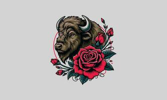 bull and red rose vector tattoo design