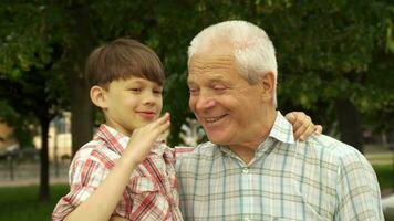 poco ragazzo sussurra nel il suo del nonno orecchio video