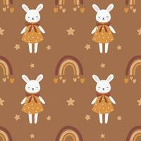 Seamless vector pattern with bunny and rainbow. Trendy baby texture for fabric, wallpaper, apparel, wrapping