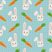 Cute pattern with bunny and carrot on blue checkered background. Vector seamless texture for kids fabric, wrapping paper, design