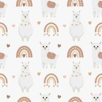 Seamless vector pattern with llama, hearts and rainbows. Baby background for wrapping paper, greeting cards, design.