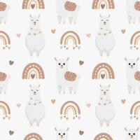 Seamless vector pattern with llama, hearts and rainbows. Baby background for wrapping paper, greeting cards, design.