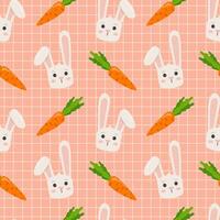 Cute pattern with bunny and carrot on pink checkered background. Vector seamless texture for kids fabric, wrapping paper, design
