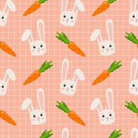 Cute pattern with bunny and carrot on pink checkered background. Vector seamless texture for kids fabric, wrapping paper, design